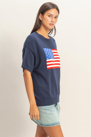 Navy American Flag Knit Top