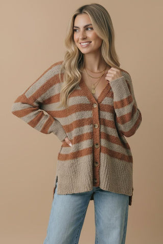 Caramel Taupe Curvy Stripe Popcorn V-Neck Cardigan