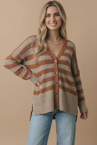 Caramel Taupe Curvy Stripe Popcorn V-Neck Cardigan