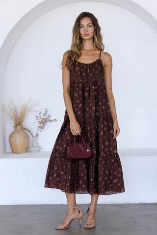 Burgundy Floral Tiered Maxi Dress