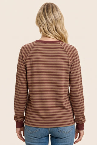 Camel/Berry Y Split Neck Striped Cotton Top