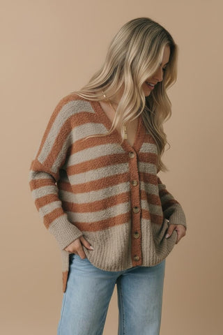 Caramel Taupe Curvy Stripe Popcorn V-Neck Cardigan