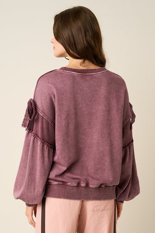 Plum Bow Broderie Applique Mineral Wash Balloon Sleeve Sweatshirt