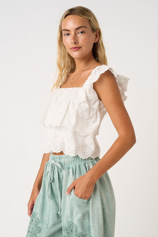 Embroidered Eyelet Ruffle Tier Crop Top