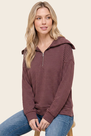 Half Zip Spread Collar Striped Top