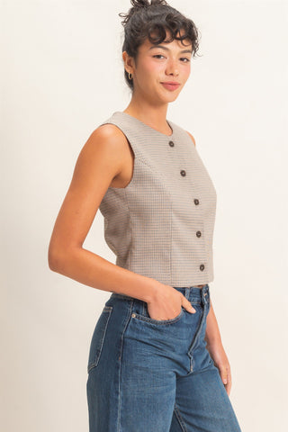 Brown Houndstooth Button-Front Vest