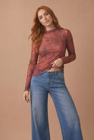 Floral Mesh High Neck Frilled Hem Top