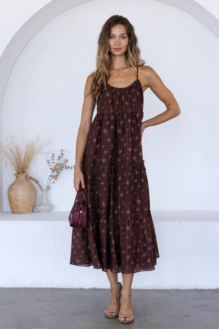 Burgundy Floral Tiered Maxi Dress