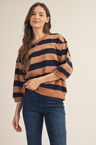 V-Notch Bold Stripe Drop Shoulder 3/4 Sleeve Top