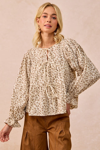 Floral Peplum Top w/Shirring & Bow Tie
