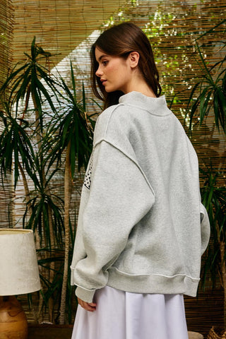 Polka-dot Embr "Pray" Mock Neck Sweatshirt