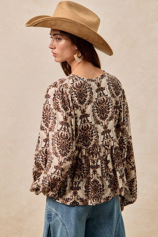 Printed Front Tied Top w/Balloon Sleeve