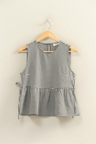 Gingham Sleeveless Peplum Top W/Side Ties