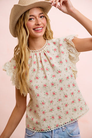 Flower Printed Lace Trim Blouse