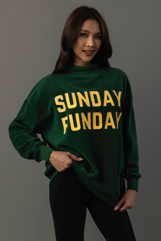 Reversible Game Day & Sunday Funday Sweatshirt in Green — Sunday Funday side, forest green with gold lettering