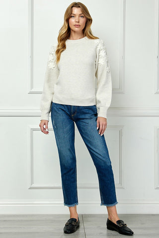 Floral Embr Sleeve Crew Neck Sweater