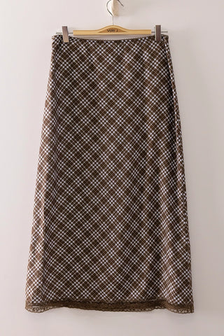 Coco Plaid Lace Trim Midi Skirt