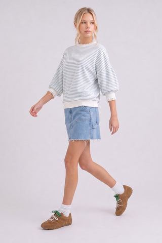 Striped Puff Sleeve Top with Lace Trim