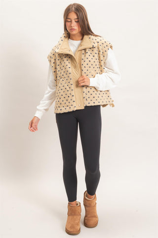 Polka Dot Sherpa Button-Front Sleeveless Vest