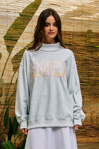 Embroidered "Amen" Patchwork Mock Neck Sweatshirt