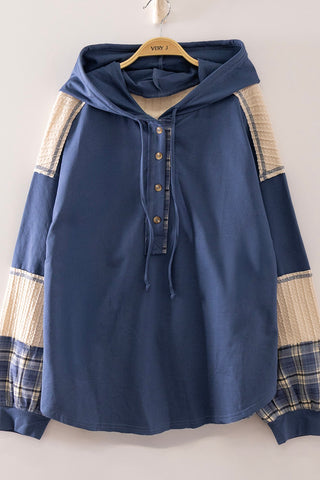 Curvy Denim Plaid Contrast Sleeve Hoodie