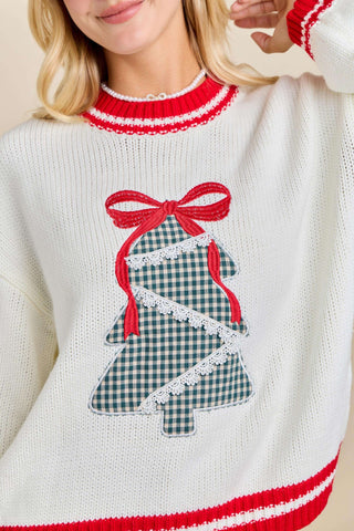 Plaid Tree Knit Sweater w/Bow