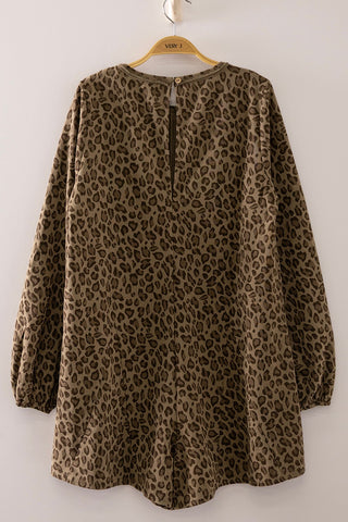 Mocha Leopard Print LS Pleated Romper