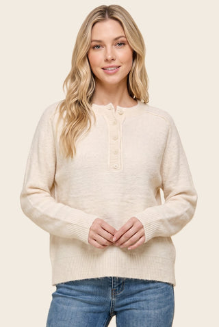 Half Button Fuzzy Crew Neck Sweater