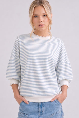 Striped Puff Sleeve Top with Lace Trim