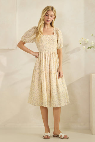 Ditzy Print Smocking Detail Midi Dress