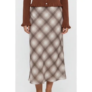 Plaid Chiffon Midi Skirt in Taupe/Choco Plaid