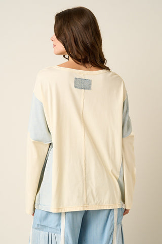 Cream Denim Western Cowboy Boot Star Patchwork Long Sleeve Top