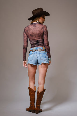 Mesh Cowprint Mock Neck Top