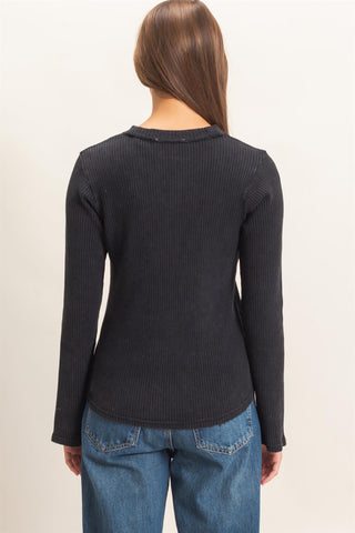 Mineral Wash Waffle Henley Long Sleeve Top