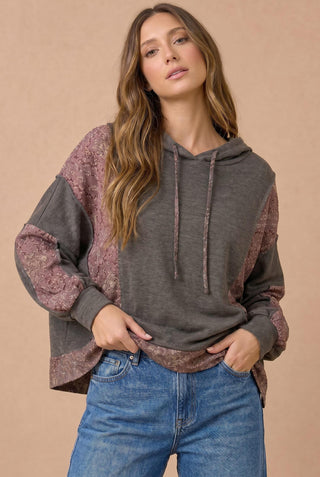 Curvy Bubble Sleeve Floral Hoodie Top