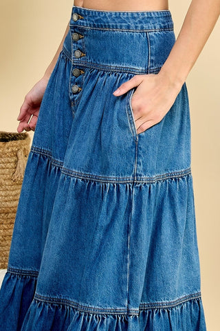 Front Button 3 Tiered Denim Skirt