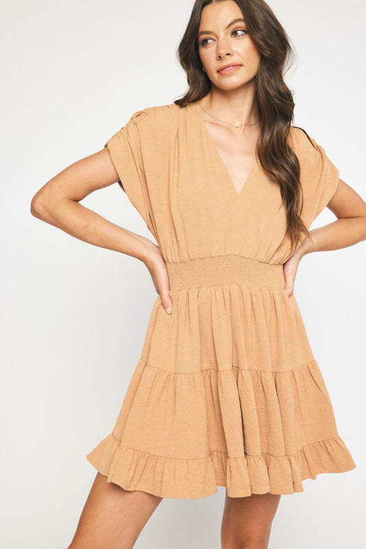 Camel Tiered Girly Mini Dress | JQ Clothing Co.
