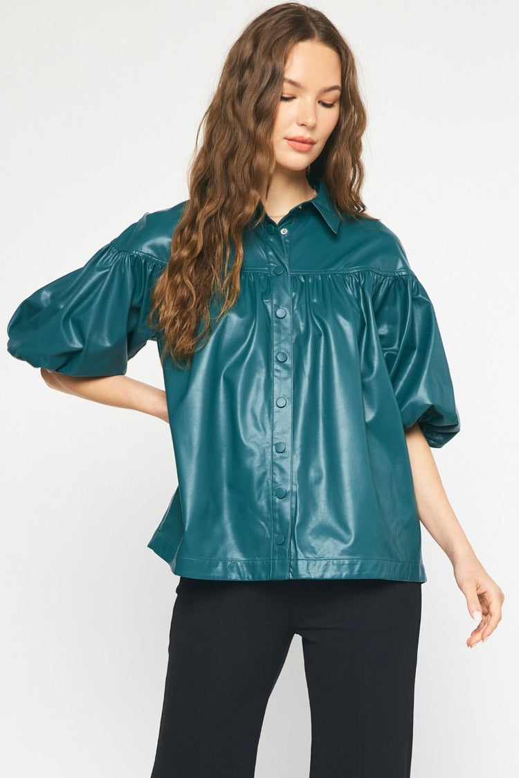 Puff Sleeve Teal Leather Top | JQ Clothing Co.