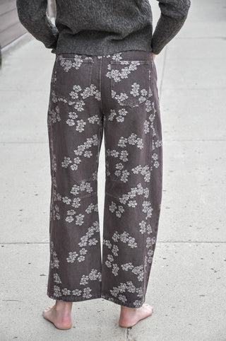 Espresso Floral Jacquard Washed Barrel Pants