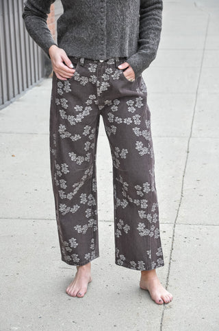 Espresso floral-barrel pants, close up