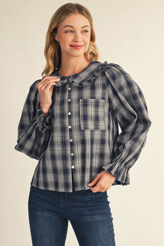 Ruffle Detail Button Down Plaid Top