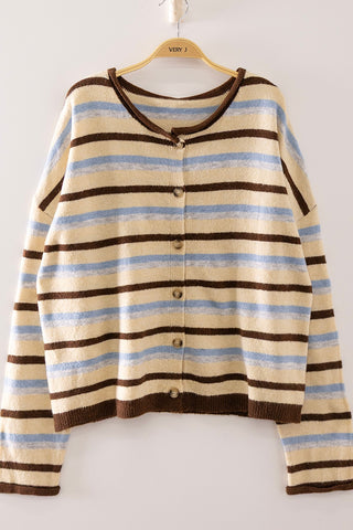 Light Yellow Multi Stripe Reversible Button Front Knit Cardigan