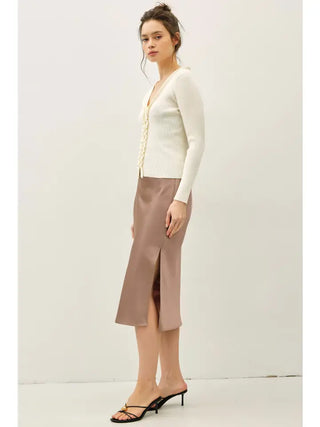 Silky Satin Midi Skirt with Elastic Waistline in Taupe