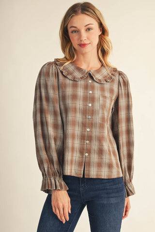 Ruffle Detail Button Down Plaid Top