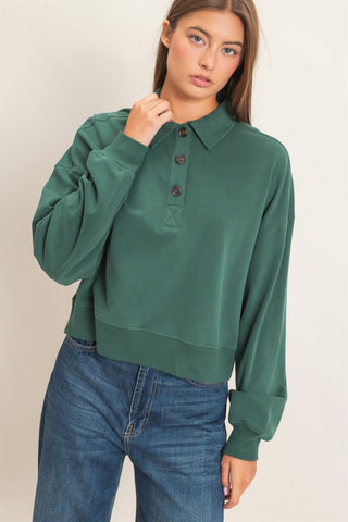 Washed Button-Front Collared Sweatshirt