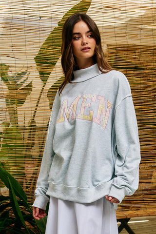 Embroidered "Amen" Patchwork Mock Neck Sweatshirt