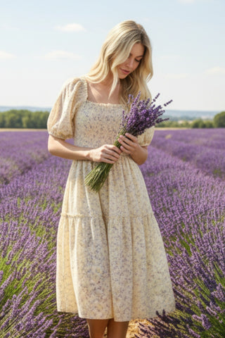 Ditzy Print Smocking Detail Midi Dress