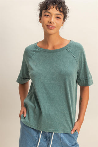 Acid Wash Raw Seam Raglan SS Tee