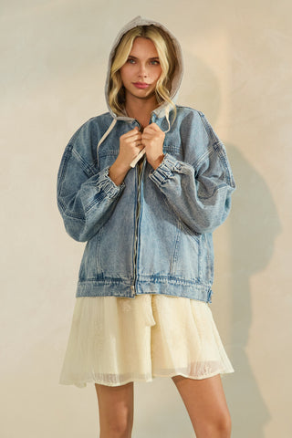 Sweater Hooded Zip Denim Jacket