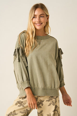 Light Olive Bow Appliqué Eyelet Lace Sweatshirt